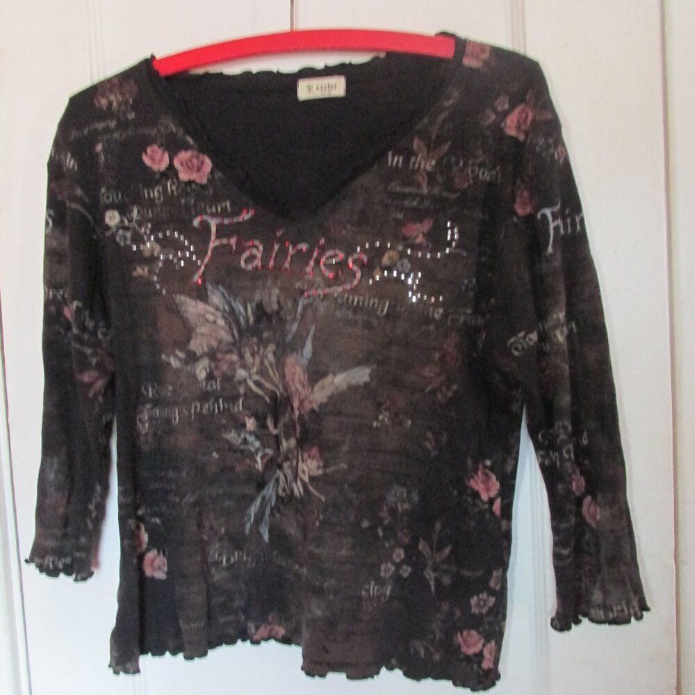 Cactus Fairies Tee Shirt Rhinestone Brown Pink Vee Neck Fairy Goth Floral